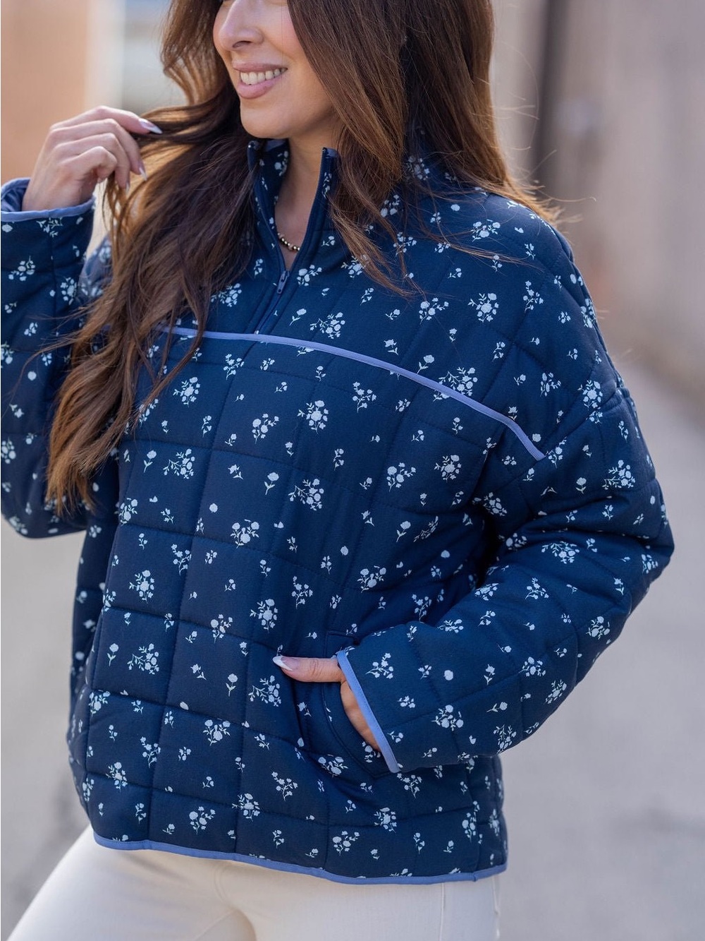 Le Lis QUILTED WILDFLOWER QUARTER ZIP PULLOVER NAVY FLORAL PUFFER JACKET NWT D29